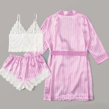 Long sleeve Womens Pajamas Sexy Lace Lingerie Nightwear Underwear Sleepwear 3PC Suit Pajama Sets For