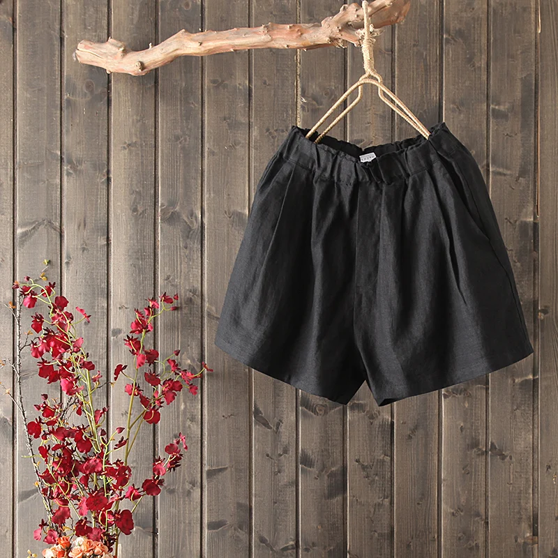 black Новые летние хлопковые и льняные Короткие штаны mori girl свободные брюки с широкими штанинами с эластичной резинкой на талии повседневные короткие штаны для женщин - Цвет: black