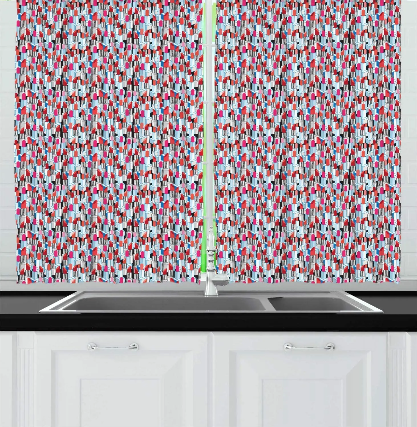 Multicolor Fashion Kitchen Curtains Repetitive Feminine Pattern Lipsticks Woman Elements Self-Care Products Window Drapes | Дом и сад