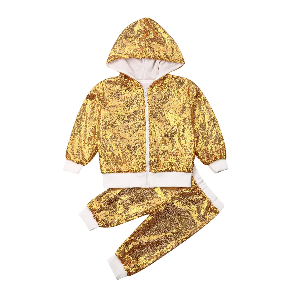 Gold Hooded Outfit 1-6Y комплекты одежды из 2 предметов с блестками для маленьких девочек осенняя одежда пуловер с косой молнией и блестками топы, штаны, одежда - Цвет: Gold Hooded Outfit