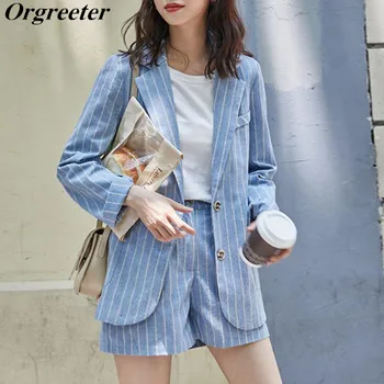 

Summer New Tracksuit for Women Blue Single-breasted Notched Striped Blazer & Slim Shorts Two Pieces Sets Casual Pants Outfits