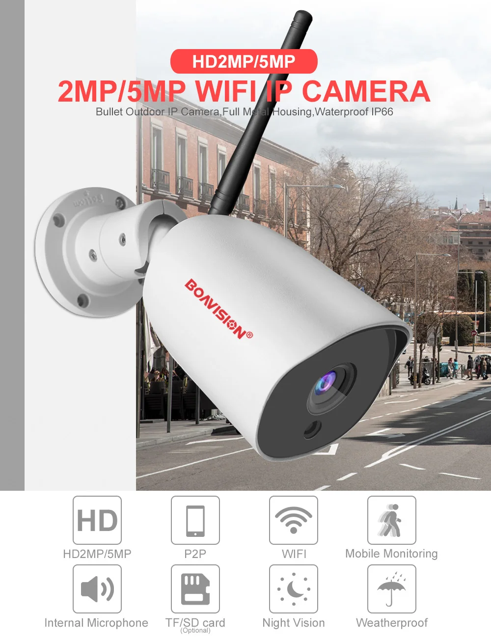 1080P 5MP IP Камера WI-FI Беспроводной открытый металлический Водонепроницаемый Пуля безопасности Камера ONVIF 2-полосная аудио Ночное видение 20 м для Iphone и Ipad