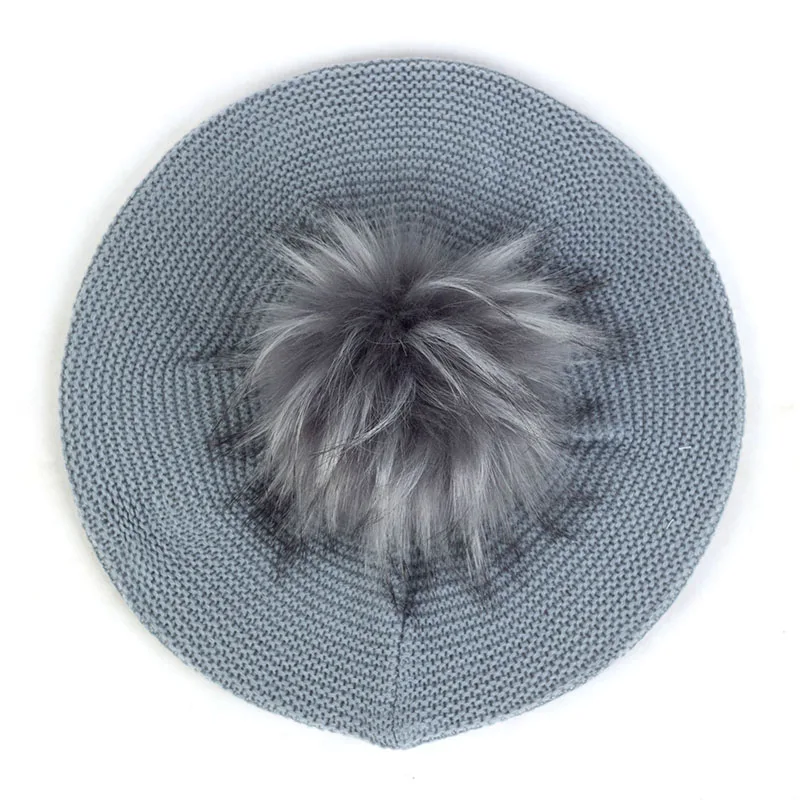 Light Gray17 Женские вязаные береты с помпоном, зимние, Осенние, теплые, женские, мешковатые, громоздкие шапки, искусственный мех, меховые шарики, однотонная шапочка, шапки художника - Цвет: Light Gray17