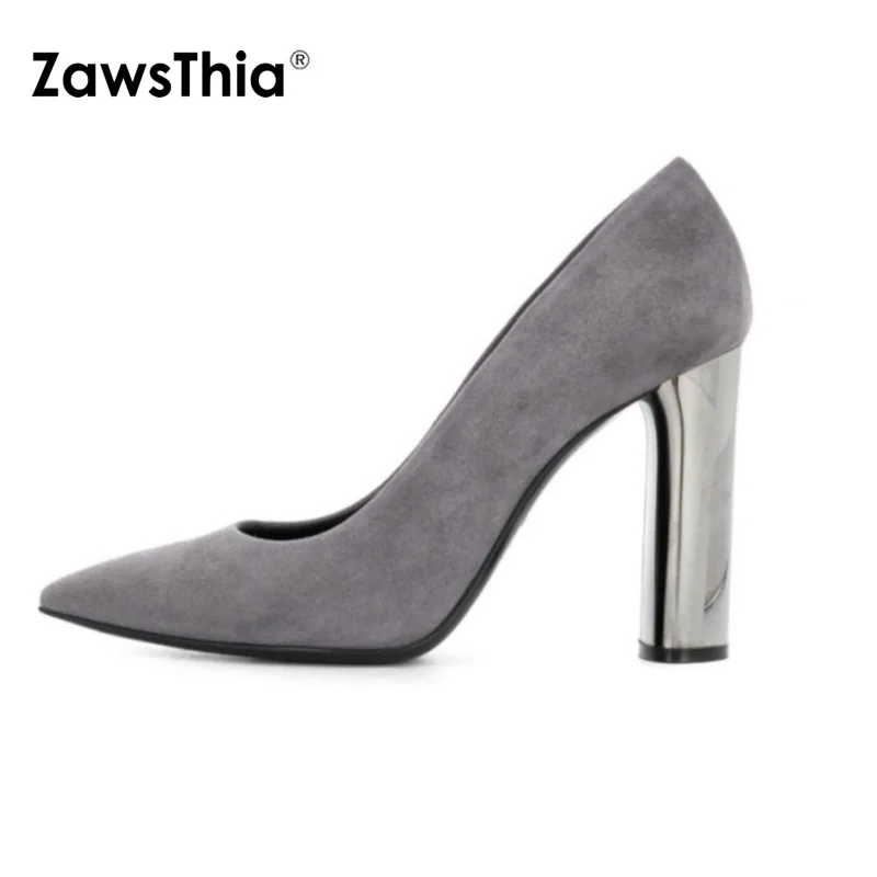

ZawsThia 2020 new solid color grey black woman high heels silver block high heeled women slip-on office ladies pumps size 34-45