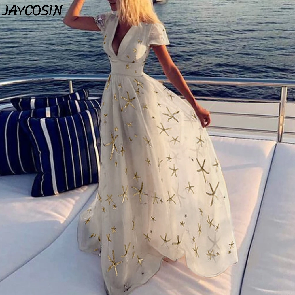 JAYCOSIN, женское платье, модное, сексуальное, глубокий v-образный вырез, принт морской звезды, короткий рукав, элегантное, длинное платье, для банкета, вечерние, официальные платья
