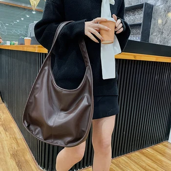 

Portable Large Hobo Shoulder Bags for Women Simple Casual Soft Leather Female Tote Handbags Vintage Wide Strap Lady Shopper Bag
