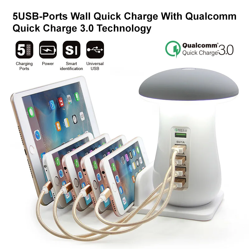 Многофункциональное зарядное устройство в виде гриба с несколькими портами 3,0, лампа в виде гриба QC3.0, быстрая зарядка для смартфона+ светодиодная лампа+ USB