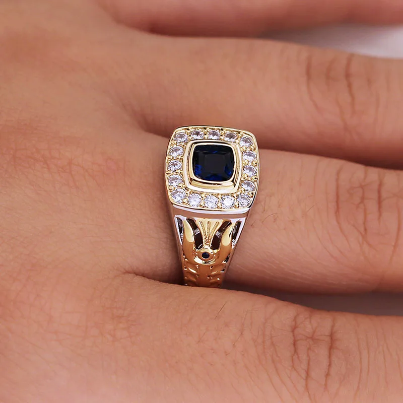 Винтажные серебряные золотые разноцветные двухцветные кольца на палец для деловых мужчин роскошные квадратные темно-синий цирконовый камень свадебные кольца Z3P466