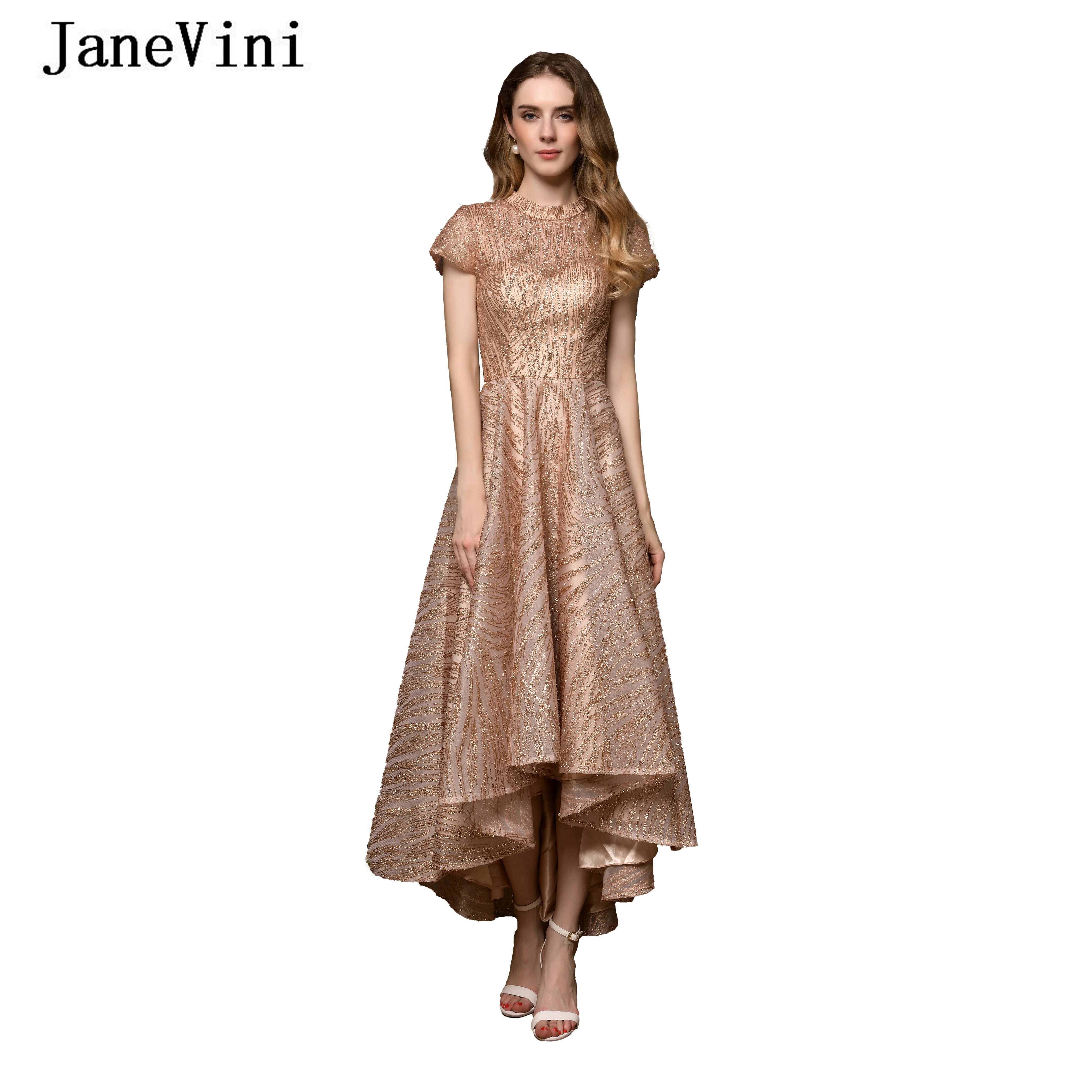 

JaneVini Elegant High Low Rose Gold Long Prom Dresses Plus Size 2019 Glitter Sequined High Neck Ankle Length Formal Party Gowns
