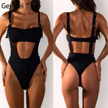 

Women black sexy bikini swimsuit creative buckle connected swimwear ladies casual strap adjustable beach sports biquini swimsuit