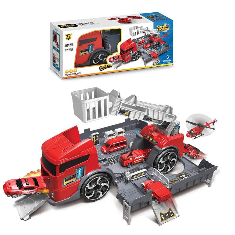 

Penglebao CHILDREN'S Car Model Transformation Fire Truck Engineering Vehicle Transformation Car shou na che Parking Lot Toy