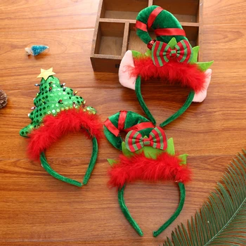 

Green Christmas Headbands with Red Feather Christmas Tree Hair Band for Christmas and Holiday Parties, One Size Fit All