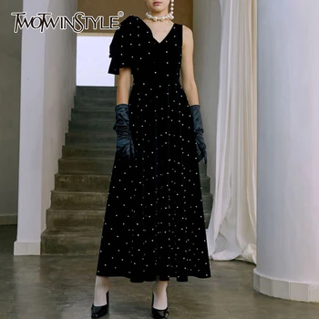 

TWOTWINSTYLE Patchwork Diamond Asymmetrical Dress For Women V Neck Puff Sleeve High Waist Dresses Female 2020 Autumn Fashion New