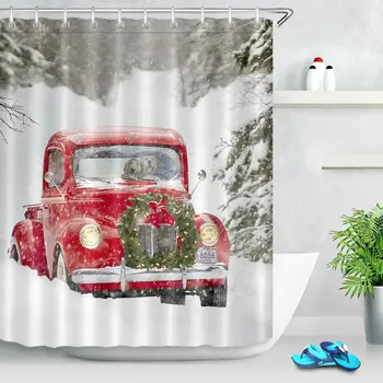 

US Fabric Shower Curtain Set Winter Snow Day Red Car Xmas Wreath Bathroom Decor