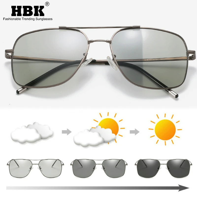 

HBK Pilot Undeformable Photochromic Sunglasses Vintage Chameleon Color Change Memory Material Glasses for Driving Gafas De Sol