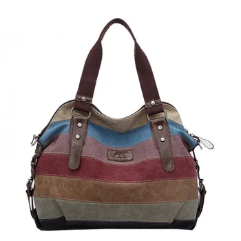 

Sailing Bag European and American Rainbow Striped Canvas Bag Fashion Stitching Women's Washed Cloth Bag