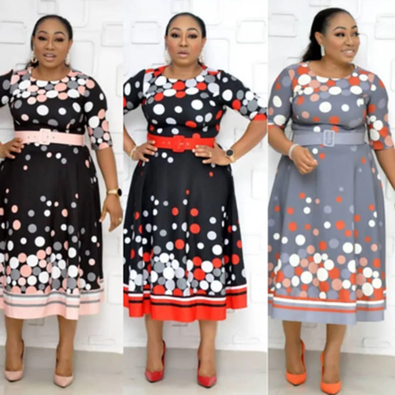 

2020 Summer African Fat Mom Dress Retro Multicolored Polka Dot Print Commuter Plus Size Elegant Dress Casual Vestidos