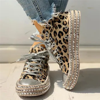 

Women Sneakers Leopard Rivets Shoes Women Canvas Shoes Leisure Lace-Up Low High Top Sneakers Basket Femme Big Size Women Shoes