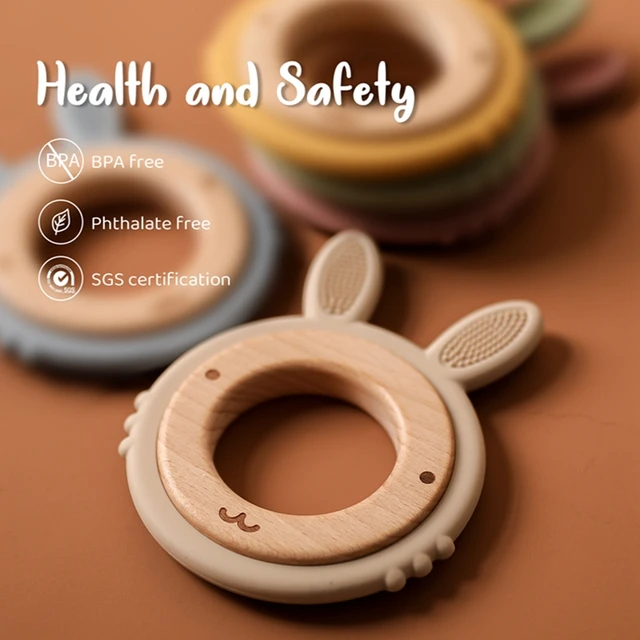 New Animal Rabbit Silicone Teether Baby Oral Care Products 1Pcs Big Teether BPA-Free Beech Wooden Rattle Teething Toys For Kids 2