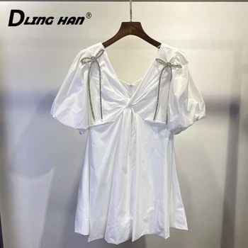 

LINGHAN Designer Women Summer Sexy V-neck Lantern Short Sleeve Party Holiday White Dress 2020 Dresses Lady Robe Vestidos