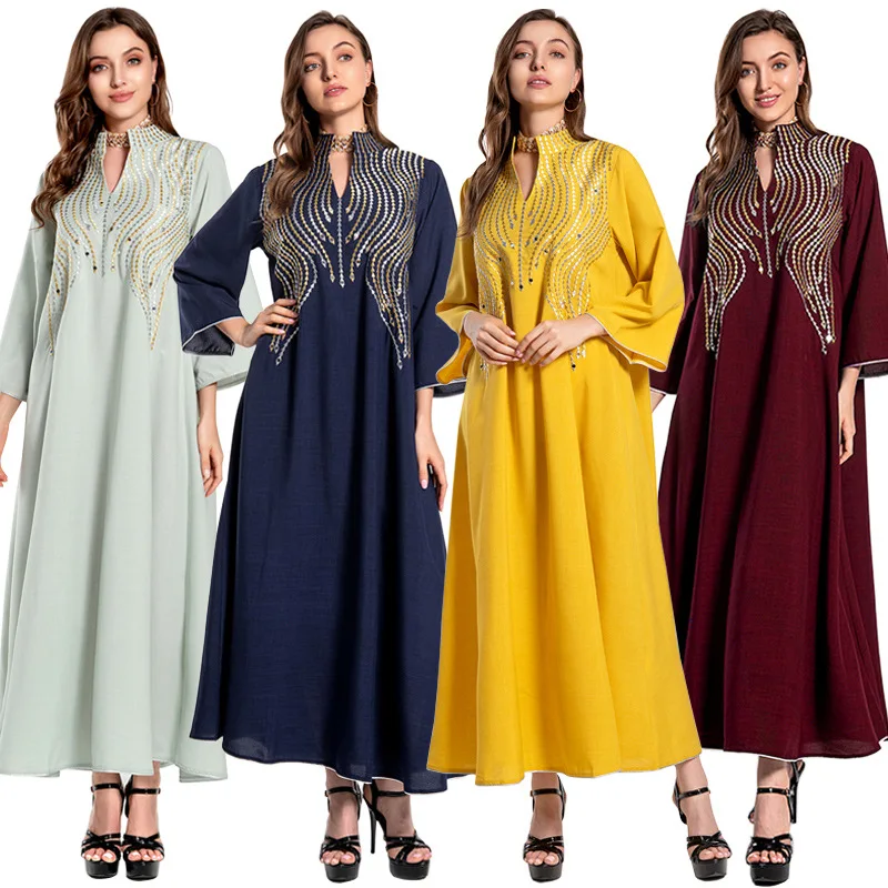 

Middle East Muslim Women Abaya Kaftan Embroidery Elegant Islamic Long Dress Arabic Turkey Ramadan Dubai Party Evening Maxi Robe