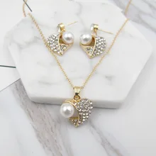 Дубай шарм Женская мода круглый жемчуг ювелирный набор в форме сердца кулон ожерелье кристалл серьги для Женское Обручальное украшение