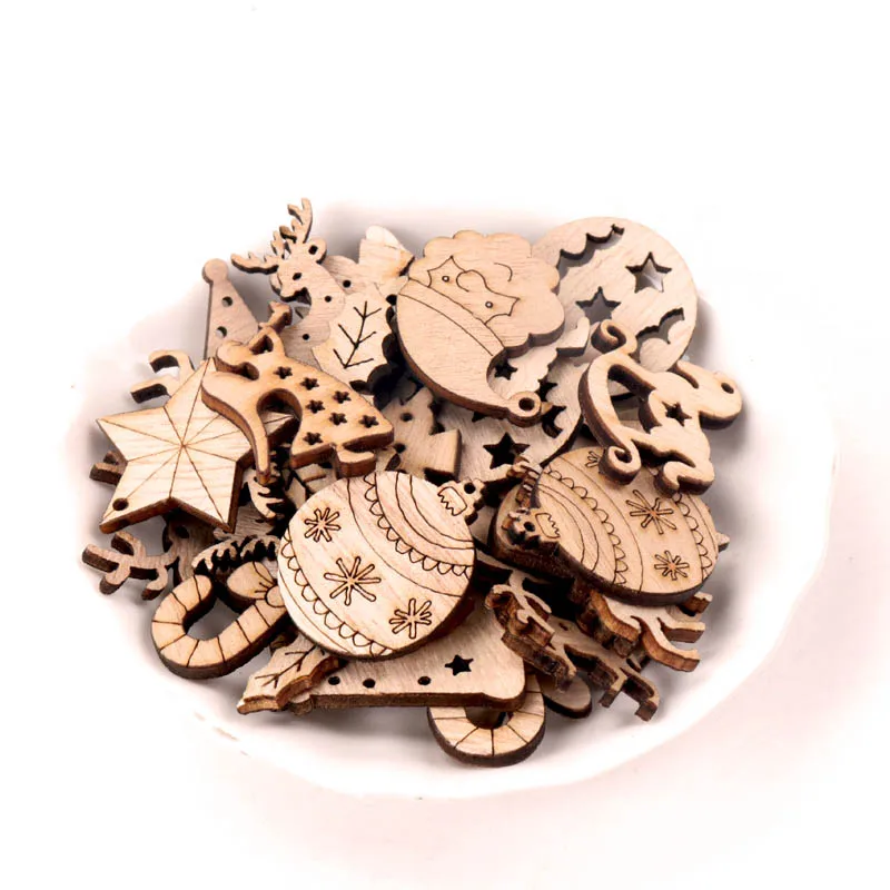 30Mm 40Pcs Houten Kerst Serie Patroon Scrapbooking Craft Diy Versiering Voor Handgemaakte Naaien Home Decoratie MZ428