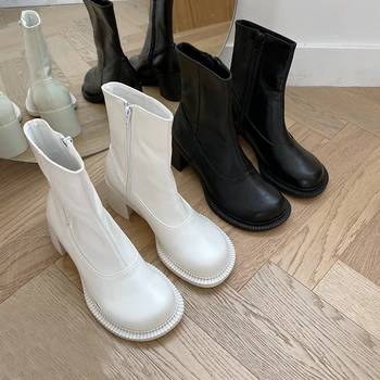 

7cm Heel White Boots Women Round Toe Ankle Boots High Heels Designer High Heel Boots Fall Ladies Black Boots Zapatos De Mujer