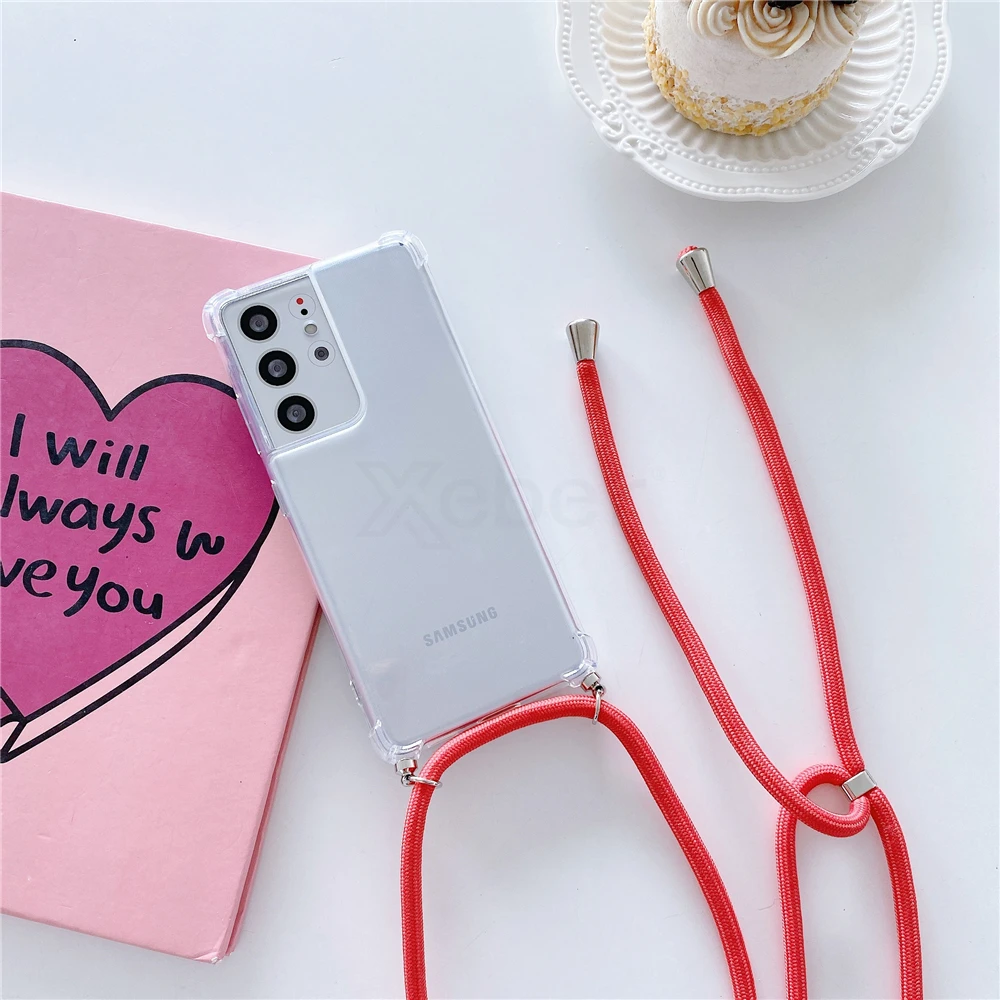 Neck Strap Lanyard Cord Rope Phone Case For Samsung S22 Plus S21 FE S20 Ultra S10 5G Lite S9 S8 Hang Clear Soft Silicone Cover cute samsung cases