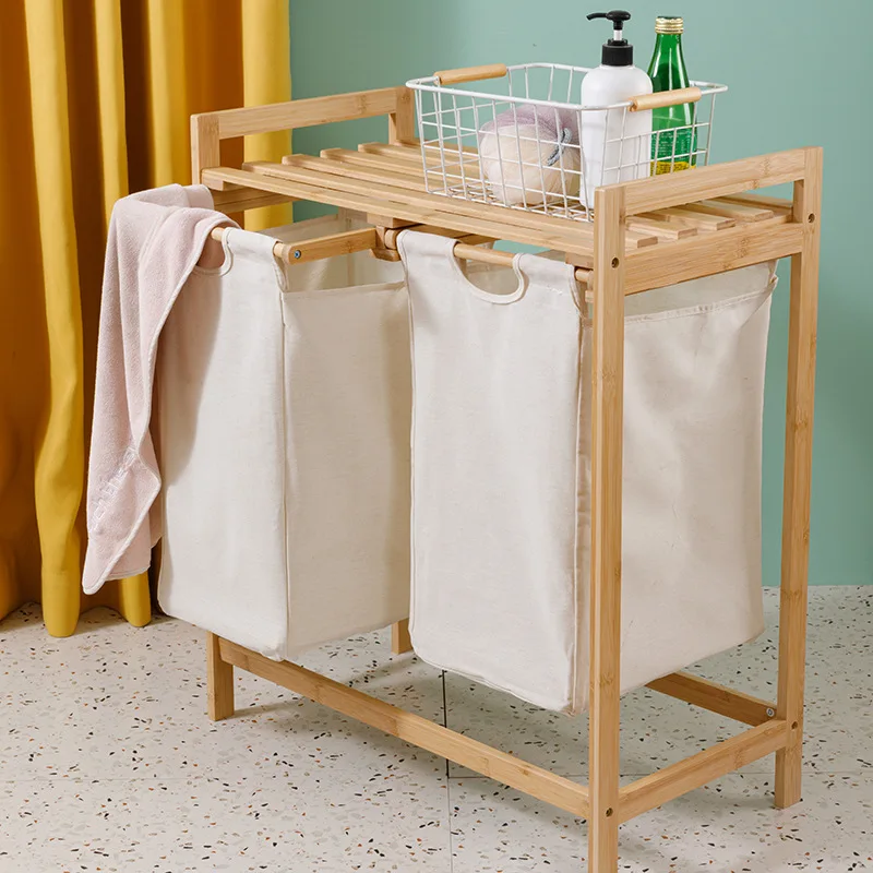 Bamboo Double Pull Bathroom Dirty Clothes Storage Basket For Home Hotel