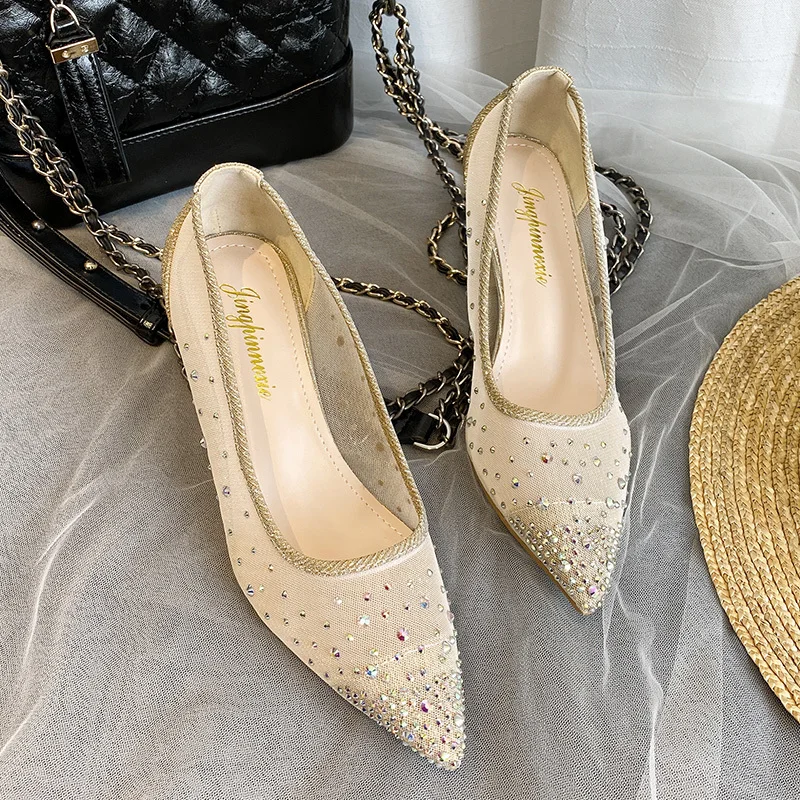 

Rhinestone mesh breathable stilettos 2020 high quality Pointed Toe Fashion pumps Ladies High Heel Slip on Women Shoes tacones