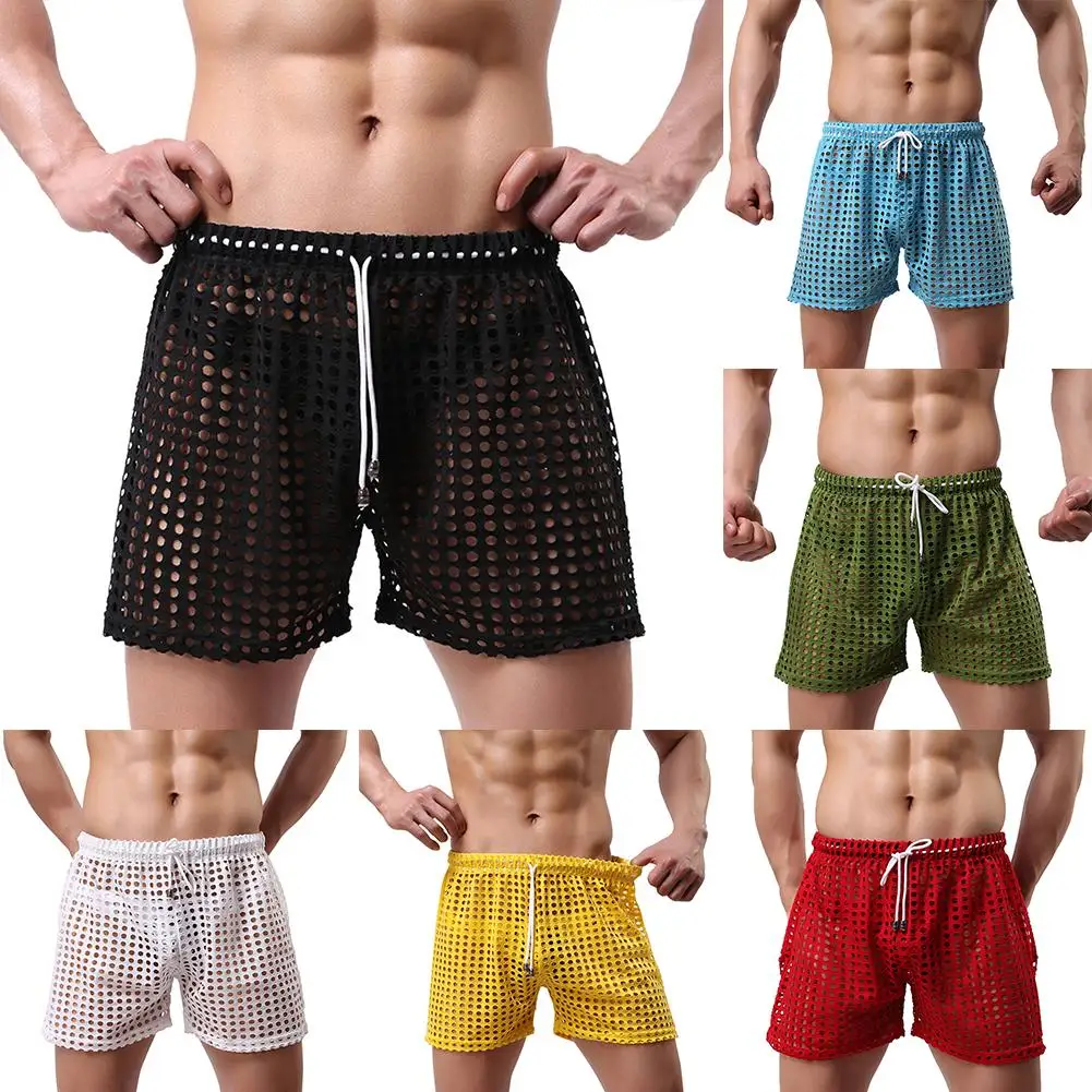 

New Mens Drawstring Lounge Fishnet Underwear Hollow Out See-Through Mesh Boxer Shorts Sexy Breathable Underwear Boxers Shorts