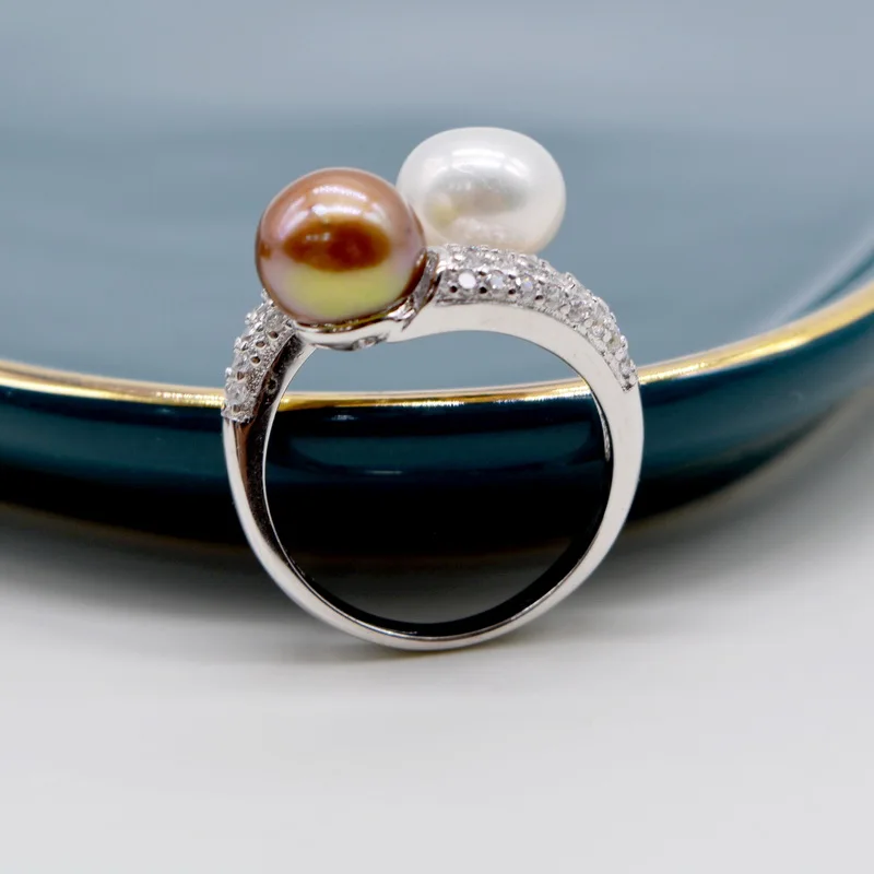 Double Pearl Rings Round Natural Freshwater Pearls Silver Rings Multicolor Pearls Zirconia Adjustable Women's silver rings silver ring