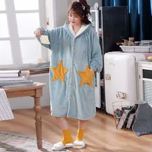 Ночной халат с капюшоном, зимний халат из кораллового флиса с рисунком звезды, фланелевая Ночная рубашка на пуговицах, женская утепленная Пижама