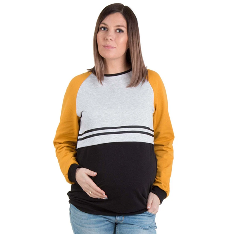 

Maternity Womens Nursing Stripe Long Sleeve Round Neck Breastfeeding T-shirt Autumn Winter Breast Feeding Tops Patchwork Tees