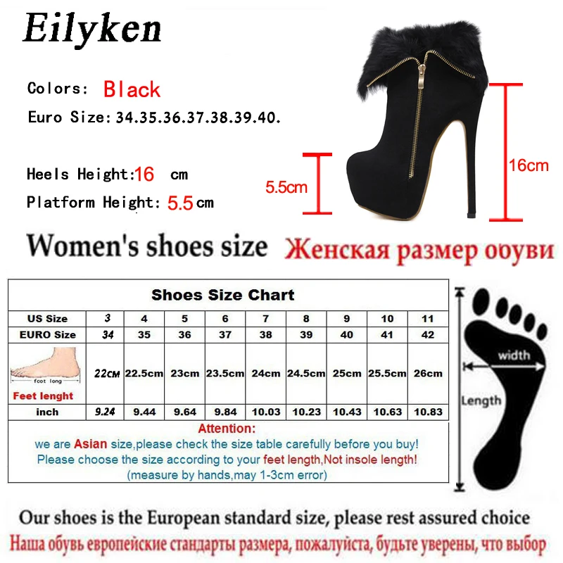 Eilyken; Новинка; модные черные короткие плюшевые ботинки; женские ботильоны на платформе и высоком каблуке на молнии; женская обувь; размеры 34-40