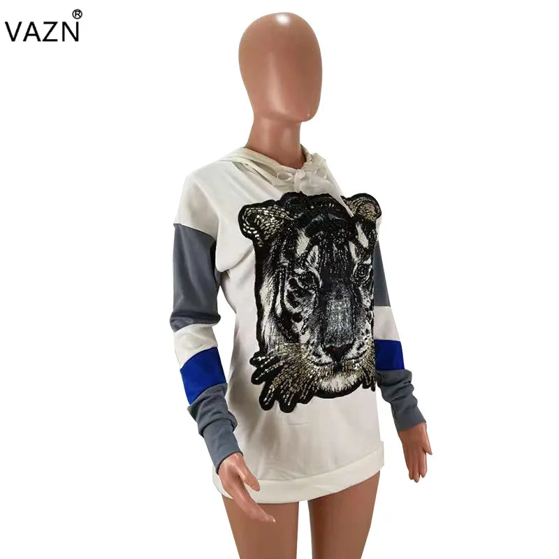 VAZN SM9029 возраст снижение Повседневная офисная мода популярный тигр печати с капюшоном полный рукав белый свежий женские длинные толстовки