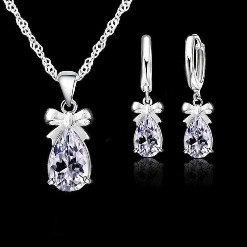 New Gift Set 925 Real Sterling Silver With White Stone Cubic Zirconia Dangle Earring Pendant Necklace Woman Jewelry | Украшения и