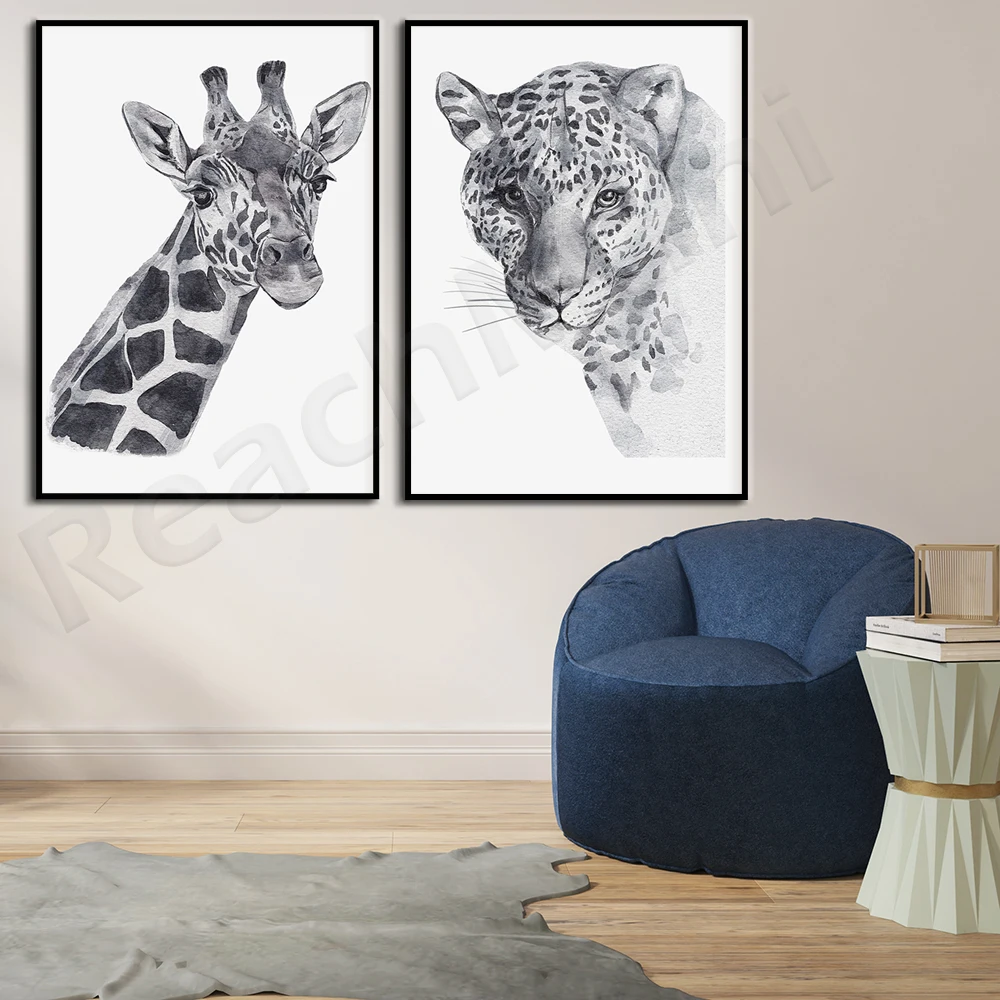 

Watercolor giraffe, leopard prints-minimalist animal illustrations, jungle animal posters, children's bedroom nursery art decora