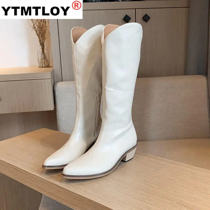 2020 nuevo cuero de la PU de las mujeres hasta la rodilla botas de tacón bajo botas de vaquero del Western botas de mujer zapatos botas de invierno botas de cremallera tamaño 35-43