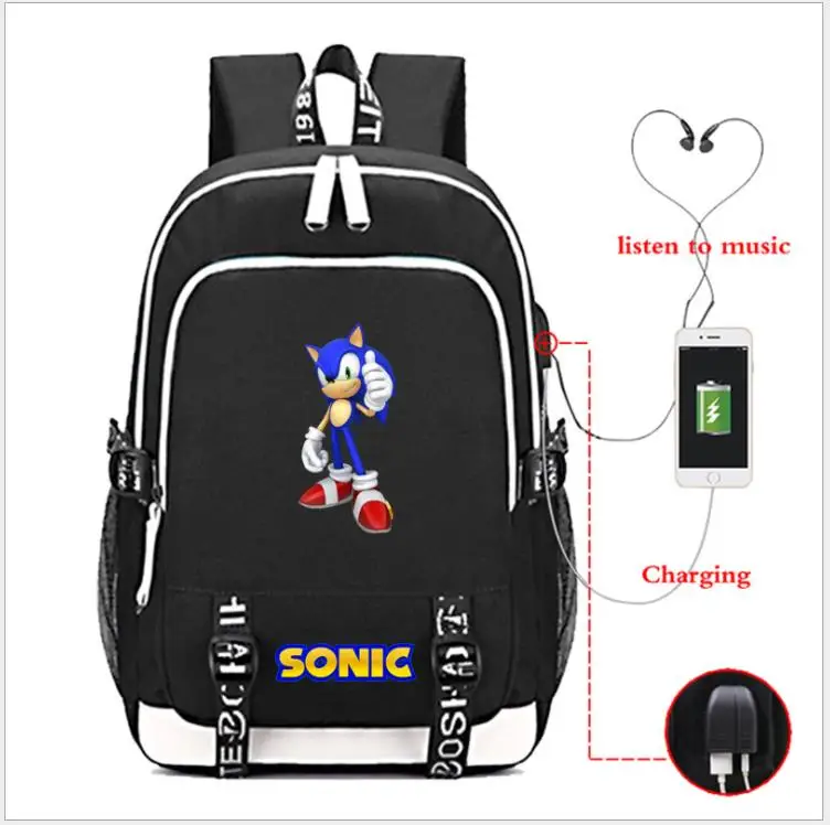 Sonic рюкзак с ежом с usb зарядным портом и замком и разъемом для наушников для студентов колледжа школьные сумки - Цвет: as pictures