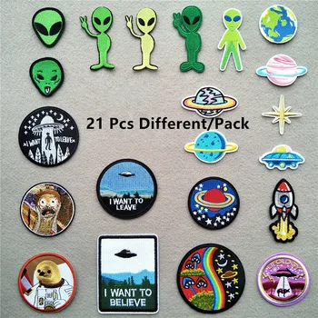 

21 Pcs/Pack Alien Patches for Clothing UFO Embroidered Appliques Iron on Astronaut Badges Stripes Planets on Clothes @AA-13