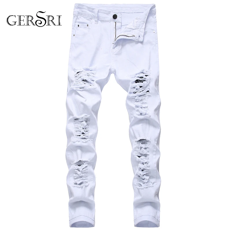 Gersri Agujero Recto destrucción pantalones de vaqueros Denim pantalones vaqueros hombre de diseñador de moda de la marca blanco Jean hombre