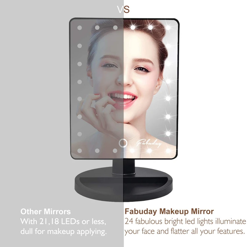 LED Light Press Screen 1X Magnifier Makeup Mirror Desktop Countertop Bright Adjustable USB Cable Or Battery Use