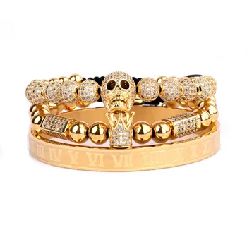 Luxury Men Jewelry Bracelet CZ Pave Skull Crown Charm Stainless Steel Beads Bangle Bracelet Men