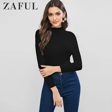 ZAFUL, простой тонкий пуловер с высоким воротом, свитер для женщин, топы, осень, ложный ворот, сплошной цвет, длинный рукав, тонкие футболки, простой стиль