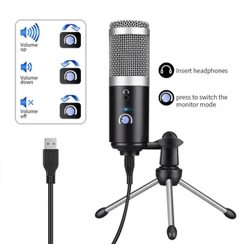 

USB Condenser Recording Microphone For Pc Cardioid Studio Recording Vocals Voice Over Mic Headphone Output&Volume Control