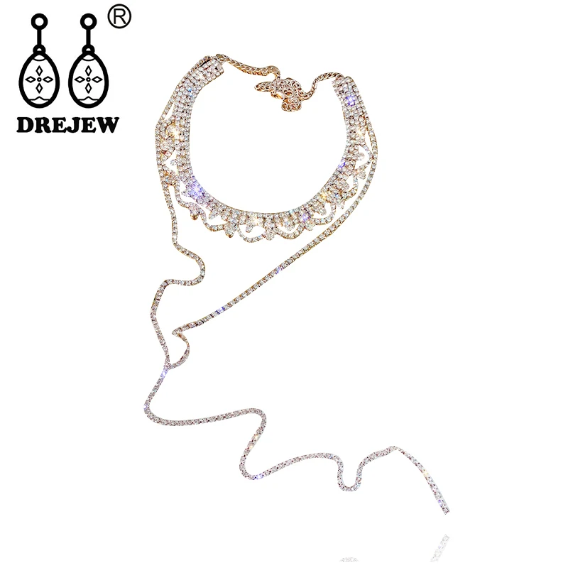 

DREJEW Brand Gold Silver Crystal Pendant Choker Long Exquisite Pearl Rhinestone Necklaces Sets for Women Statement Jewelry HN392