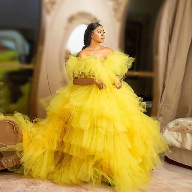 Yellow Fluffy Evening Dresses Chic Ball Gown Formal Dress Puffy Tiered  Tulle Prom Party Gowns Off the Shoulder Ruffles Plus Size|Dresses| -  AliExpress