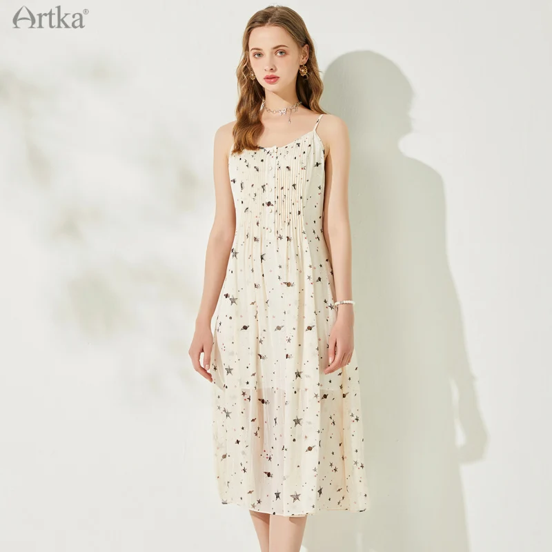 

ARTKA 2021 Summer New Women Dress Elegant Print Sleeveless Chiffon Dresses High Waist Spaghetti Strap Midi Dress LA25613X